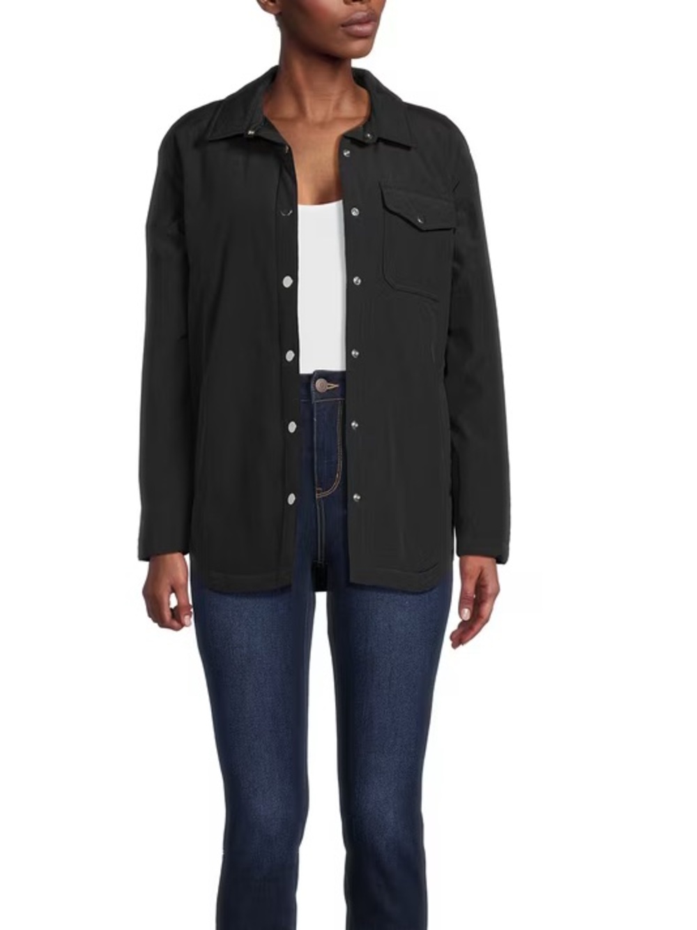 Black Button-Front Women's padded shirt Jacket lightweight layering coat xs